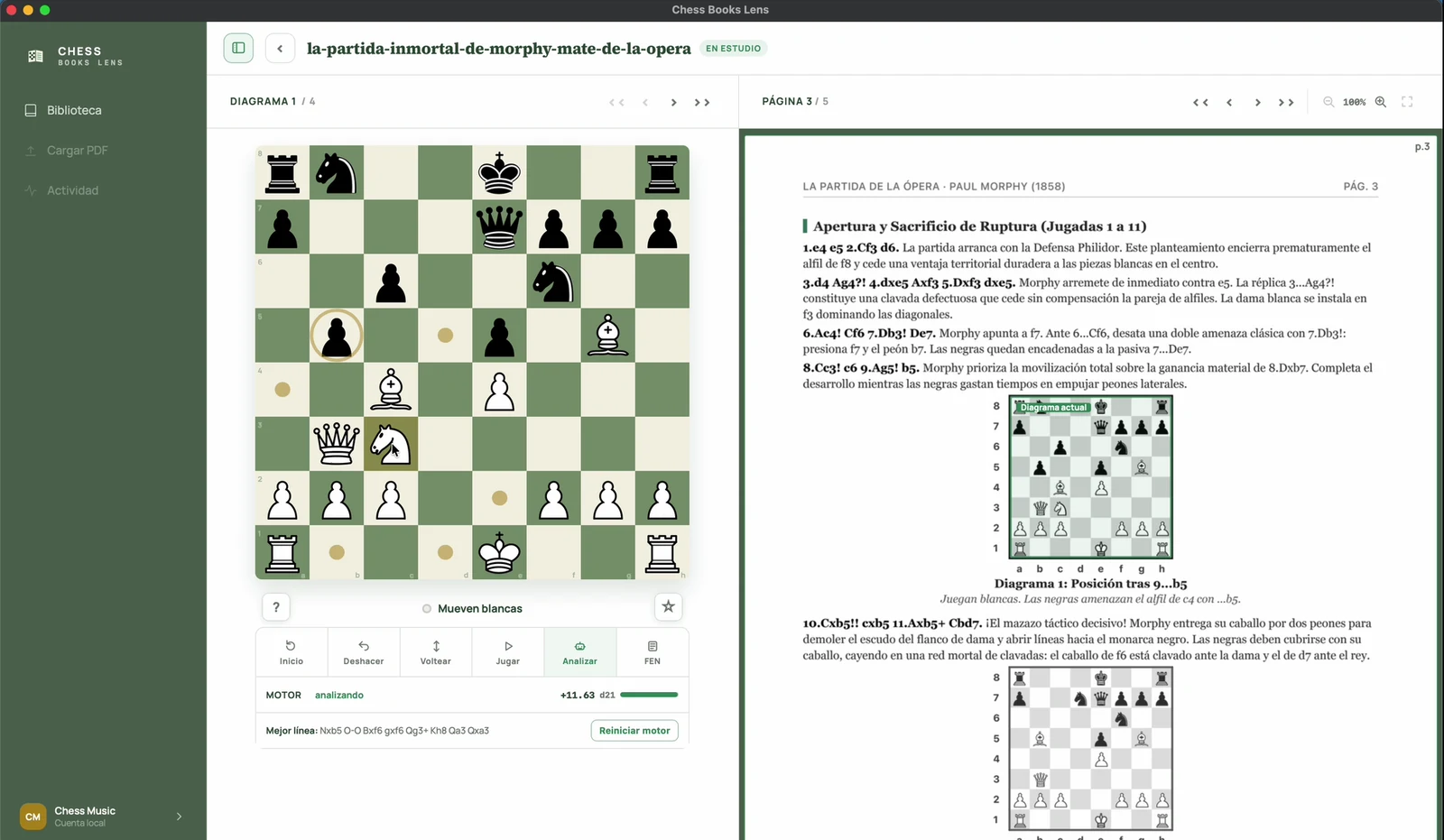 Arasan analiza una posición del libro de ejemplo sobre Morphy en Chess Books Lens