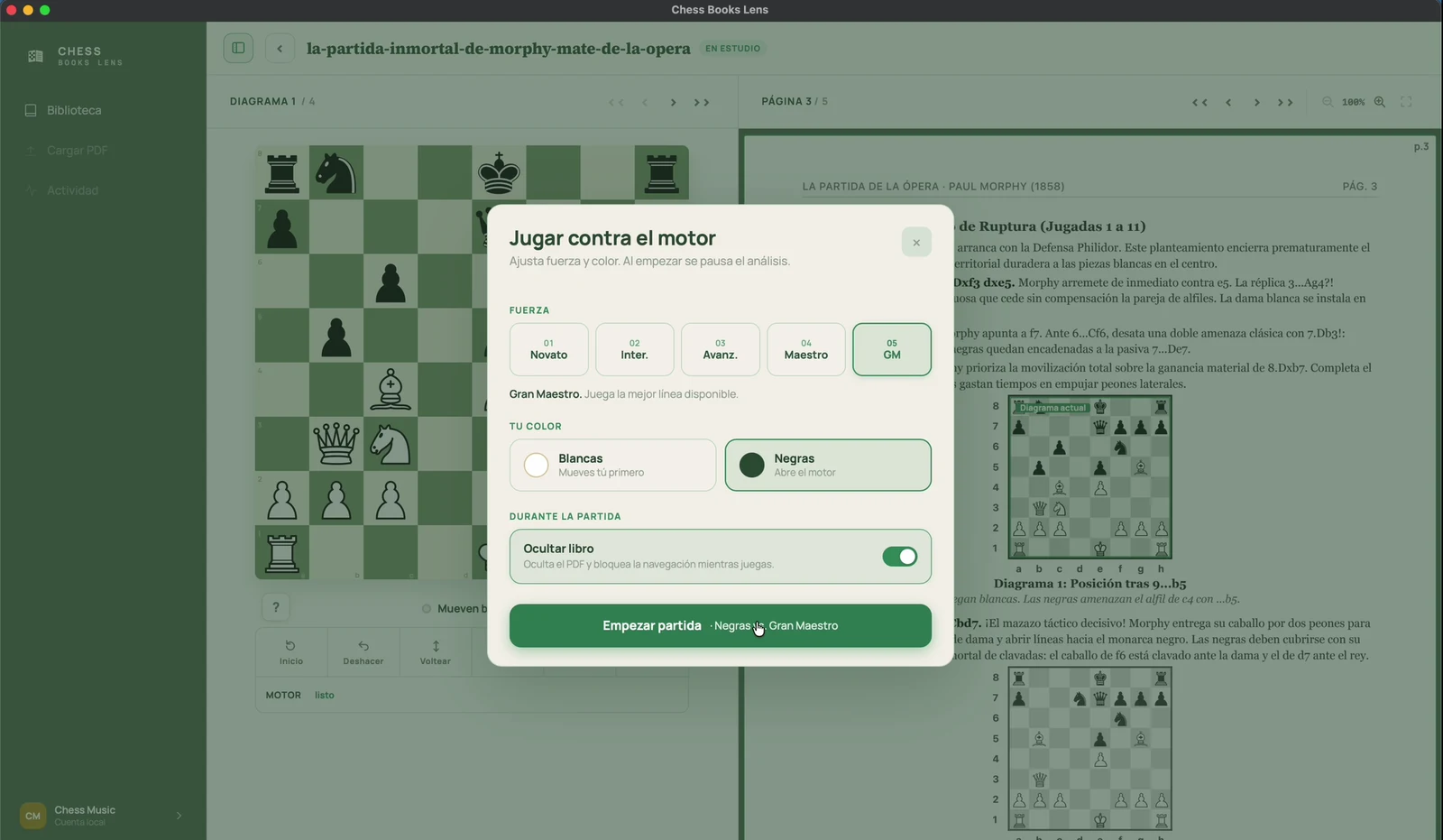 Opciones de fuerza y color para jugar contra Arasan desde la posición de Morphy